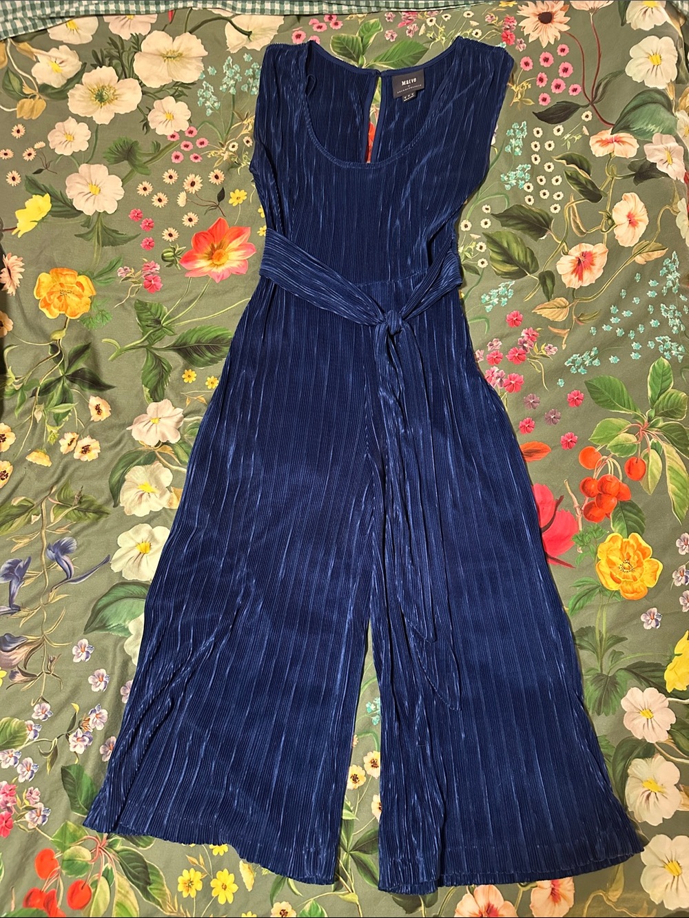 Anthropologie Deep Navy Pleated Midi Dress with Waist Tie